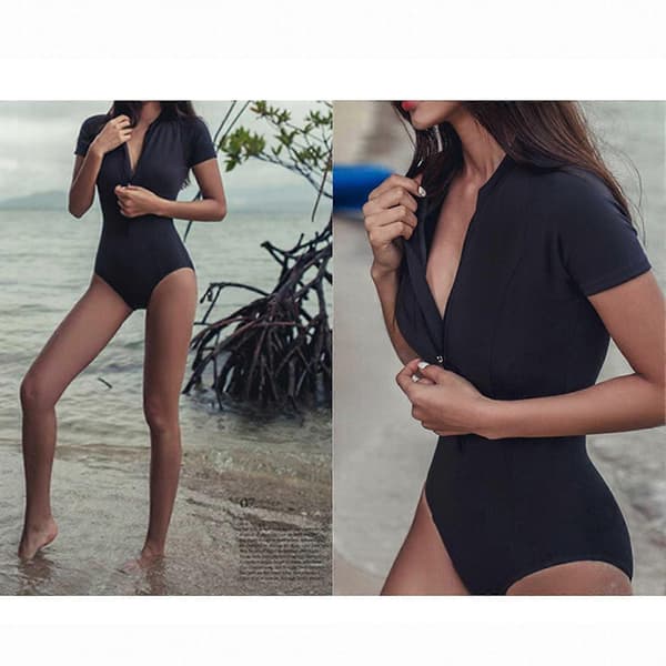Mode Kvinder Slank Kortærmet Monokini Lynlås Badedragt til Varm Kilde Strand Army Green M