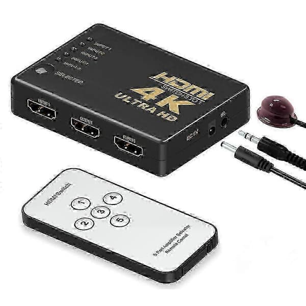 4K Smart HDMI-svitsj med 5 porter og fjernkontrollsplitter