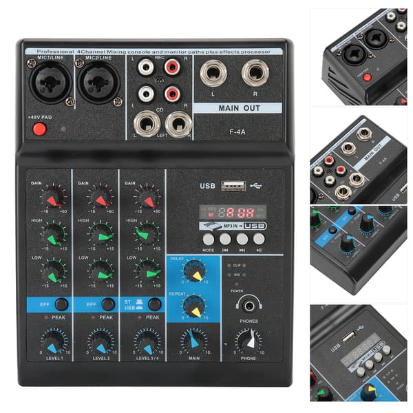 [RM]4-Channel Audio Mixer, Reverb-Delay Effect with Portable Mini Mixer Design, USB Audio Interface, and Wireless Bluetooth Streaming for Live Use