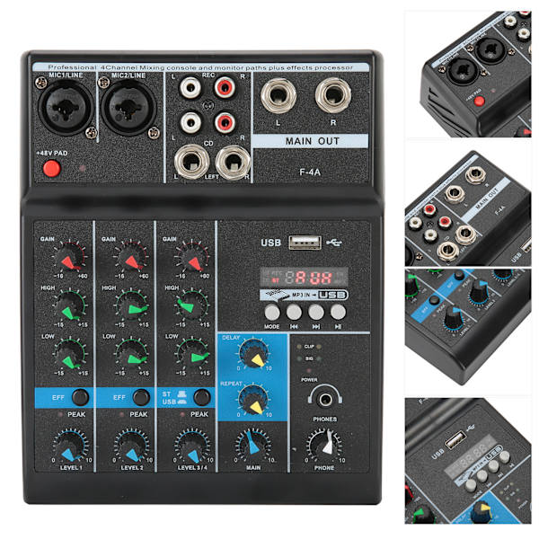 [RM]4-kanals lydmixer, rumklang-delay-effekt med bærbart mini-mixerdesign, USB-lydinterface og trådløs Bluetooth-streaming til livebrug