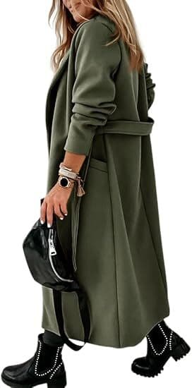 [RM] Women's Coat with Lapel Collar, Open Front, Belt, and Long Jacket Green green S