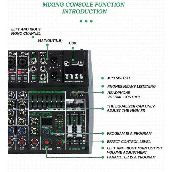 Professional 4-Channel Mixer Built-in 16DSP 7-Segment Balanced Power Bluetooth Support Recording Audio Mixer EU Plug Black