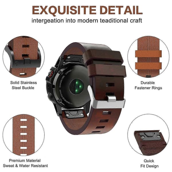 Garmin Fenix 7X Solar 26mm nahkainen terässolki ranneke Brown
