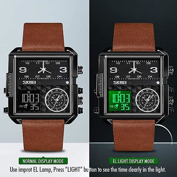 Digital watch för män , Led fyrkantig stor ansikte analog kvarts watch med vattentät stoppur i flera tidszoner Leather Band Black Brown