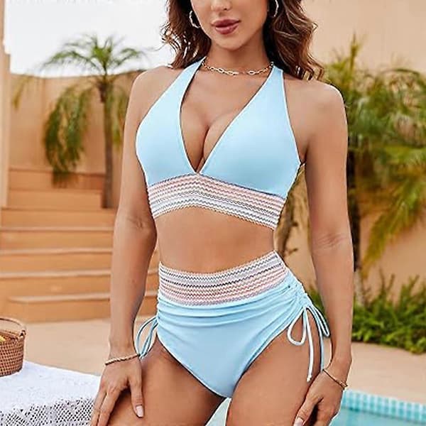 Bikiniset för kvinnor med hög midja och magkontroll ljusblå light blue M