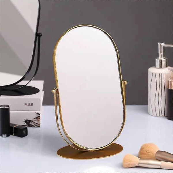 Skrivbordsspegel med metallram - Oval stående sminkspegel - Badrums- eller sovrumsspegel (Guld)
