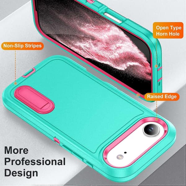 For iPhone 17 Air-deksel med støtte, 3-i-1-design i PC, silikon og EVA Light Cyan Rose