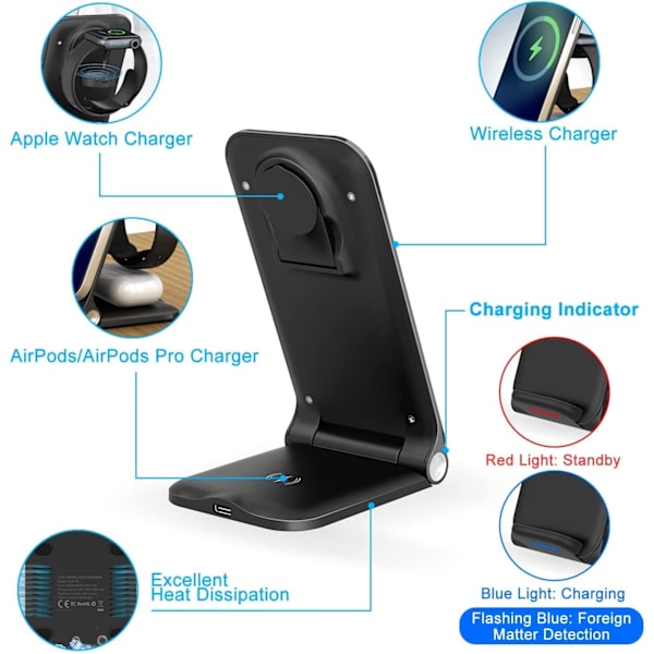 Wireless Charger, 15W Foldable 3-in-1 Wireless Charging Station [RM]
