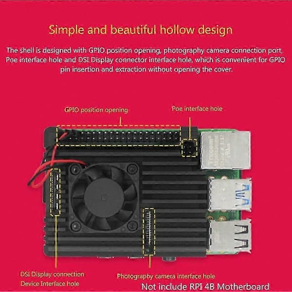 Raspberry Pi 4B aluminiumskabinet med køleventilator og køleplade, termisk pude inkluderet Black