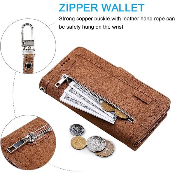 Wallet Case for iPhone SE 2022 5G/iPhone 7/iPhone 8/iPhone SE 2020, 9 Card Slots Room Zipper Bag PU Leather Case - Brown[RM]