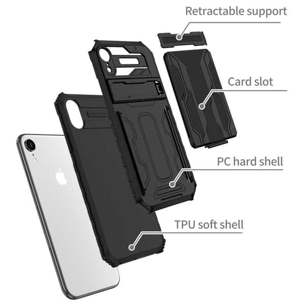 [RM]iPhone XR Støtsikkert Deksel Støtteben og Kortlomme ThinArmor V3 Svart black