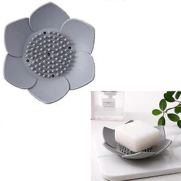 Såpeskål, lotusblomstformet silikonblokk såpeholder og svampholder H A Grau