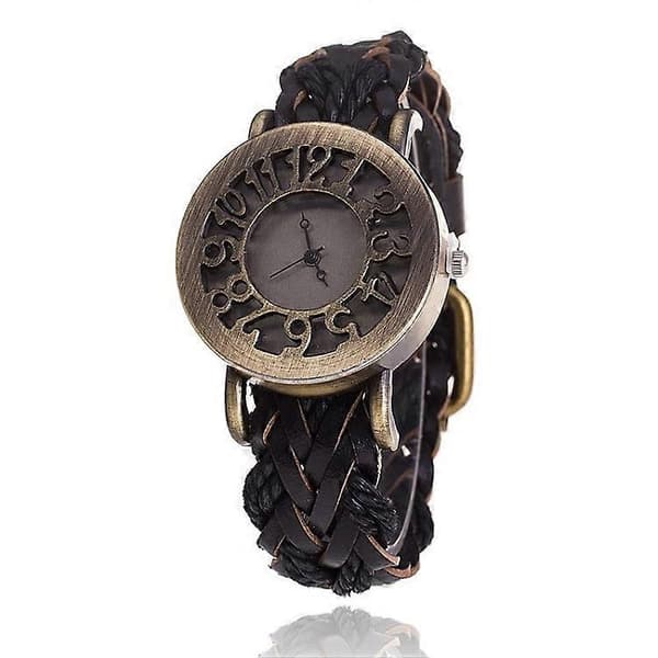 Retro hult hoved koskind vævet armbåndsur til kvinder Black