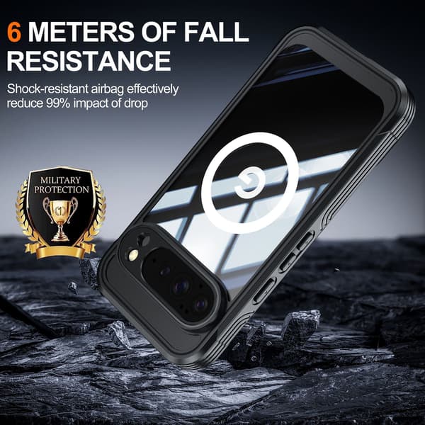 Three-Proof 9H Glass Phone Case Compatible with Google Pixel 10/10 Pro - Black TPU+PC, Magnetic, Shockproof & Waterproof 94