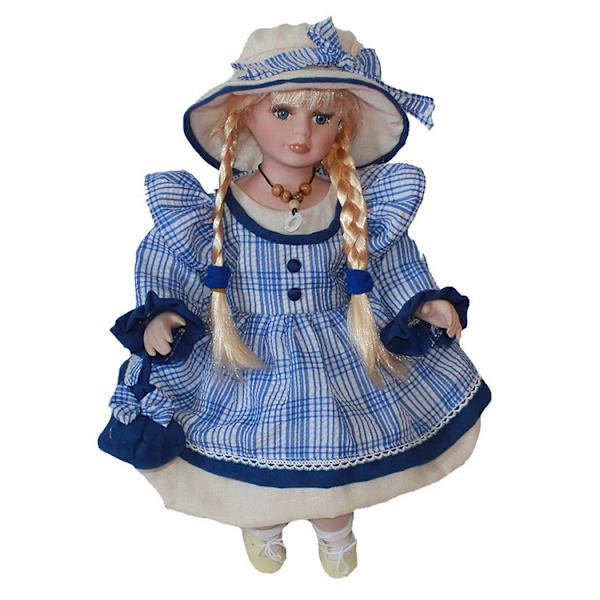 Vintage 40cm Elegant Porslinsdocka Samlarobjekt Heminredning Blå
