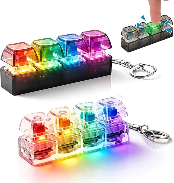 [RM] Keyboard Fidget Clicker with LED Light - Mini 4-Key Stress Relief Toy - Decompression Keychain Gadget for Adults Black Black