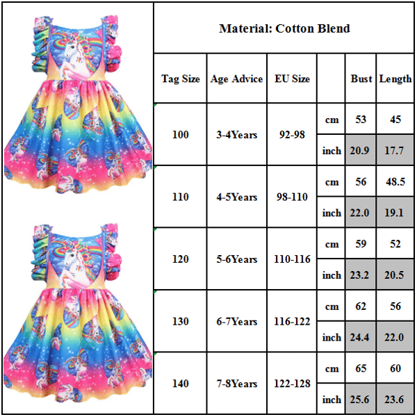Barn Flickor Rainbow Unicorn Ruffle Princess Klänning Festklänning 100cm