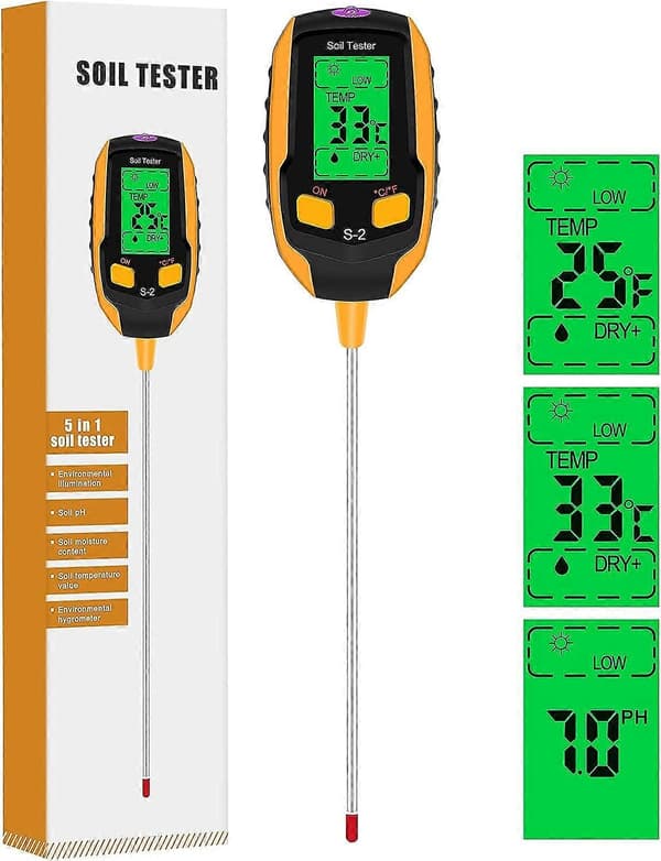 [RM]5-in-1 Soil Tester pH Meter, Digital Plant Thermometer Tester With Light Intensity/Temperature/Soil Moisture/Soil pH/Environmental Humidity, For LGL