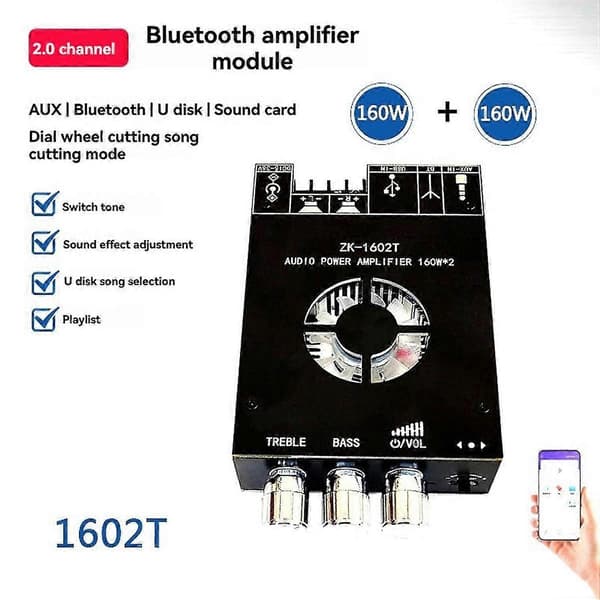 -1602T Bluetooth Audio Effektforstærkermodul TDA7498E 160WX2 Høj Basjustering Forstærkerkort DC15-36V