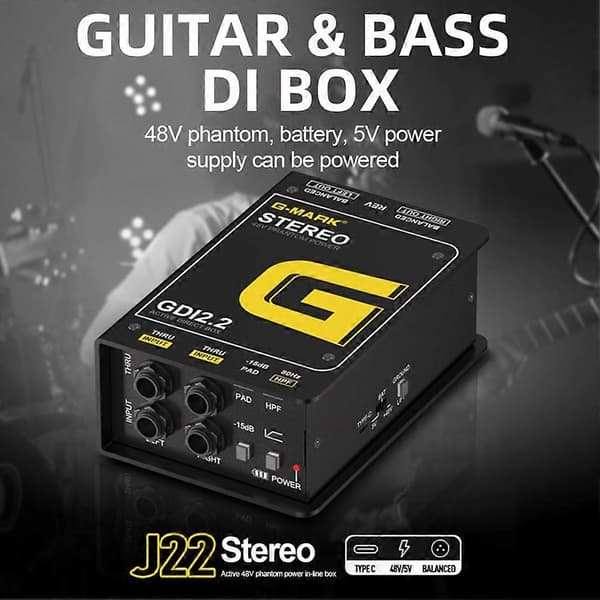 G-MARK Direct Box DI2.2 DI Direct Box Tvåkanals Passiv Direct Box för Keyboard, Akustisk och Elektrisk Gitarr Studio Audio Black