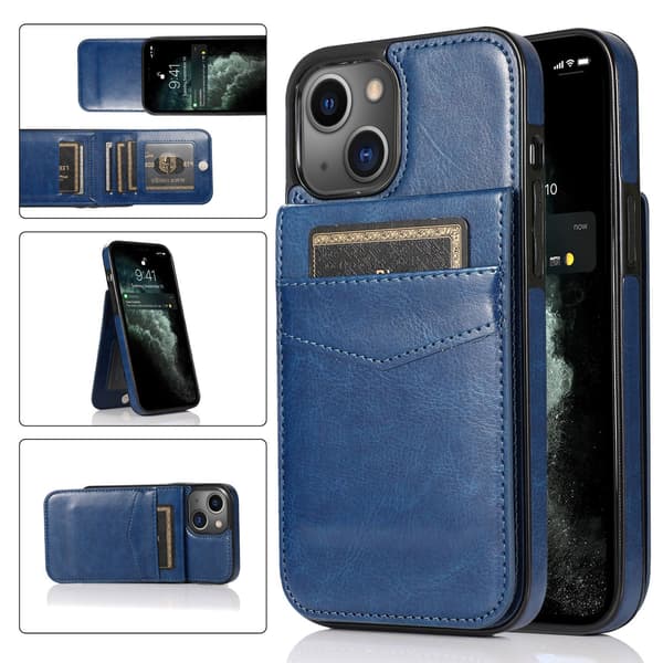 Pung etui med kortpladser, premium læder magnetisk lukning stativ robust beskyttelse til iPhone 15 (kongeblå) kongeblå Royal blue iphone13pro