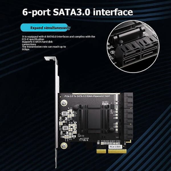 Pcie till 6-portars SATA 3.0-kontrollerkort Kontrollutvidgningskort ASM1166 Stöder NAS, Mac och Linux Black