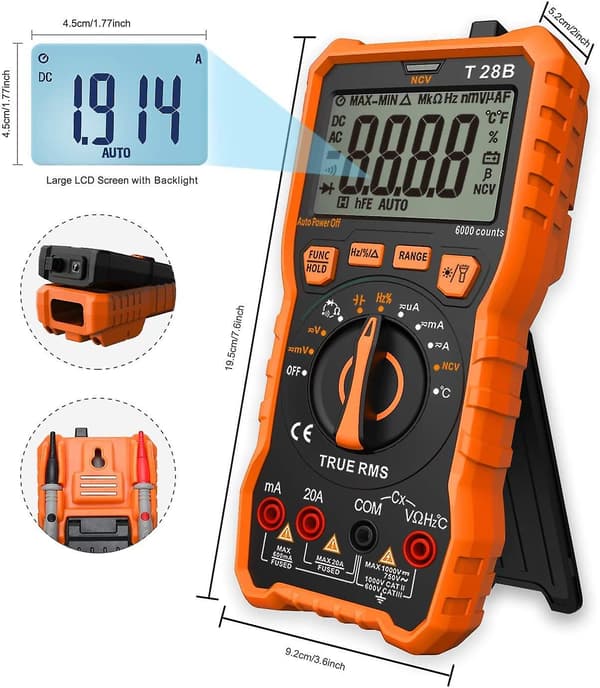 Digital multimeter, TRMS 6000 counts automatisk mätområdesinställning voltmeter; Testare för mätning av spänning, ström, resistans, kontinuitet, frekvens