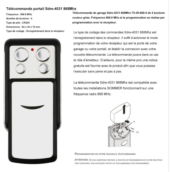 868MHz Garage Door Remote Control with Rolling Code - Compatible with Sommer 4020, 4026, TX03-868-4, 4031 (2-Pack)