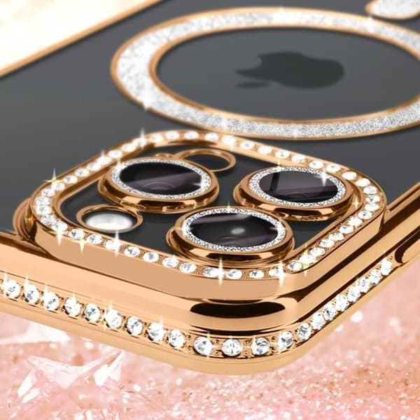 [RM]Diamond Case for iPhone 15 Pro Max - AVIZAR - Gold Rhinestone Outline - MagSafe Compatible Gul