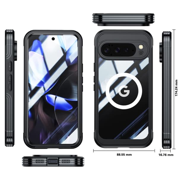 Three-Proof 9H Glass Phone Case Compatible with Google Pixel 10/10 Pro - Black TPU+PC, Magnetic, Shockproof & Waterproof 94