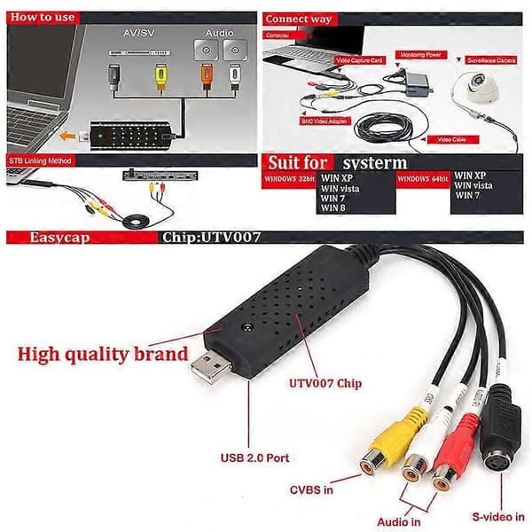 USB 2.0 Video Lyd VHS til DVD Harddisk-konverter Opptakskort Scart RCA-adapter