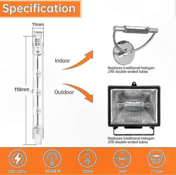 6-pack dimbara halogenlampor, 230W varmvit 2800K, 118mm J-typ säkerhetsbelysningslösning