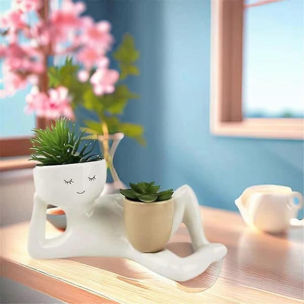 Lazy Guy Planter Resin Lazy Little Character Flower Pot Succulent Planter Lying Resin Unique Lying White