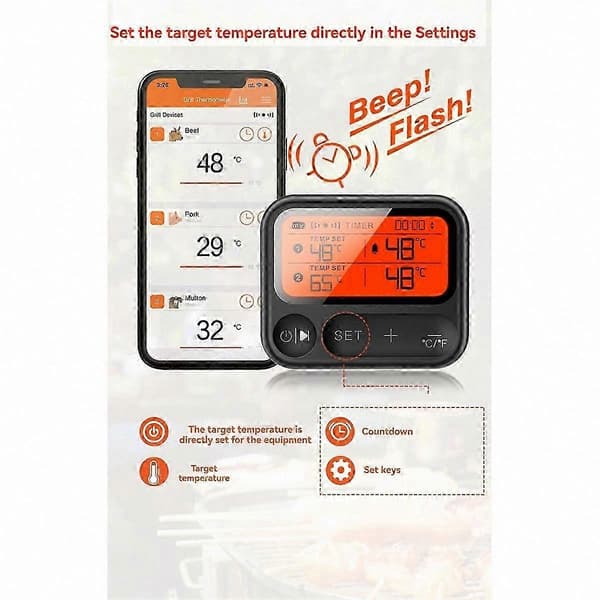 Trådløst Bluetooth Kødtermometer med Dobbelte Prober, App-kontrol til BBQ Grill Ovn