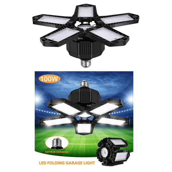 Svart 100W Deformerbar LED Garagelampa Verkstad Arbetslampa Taklampa