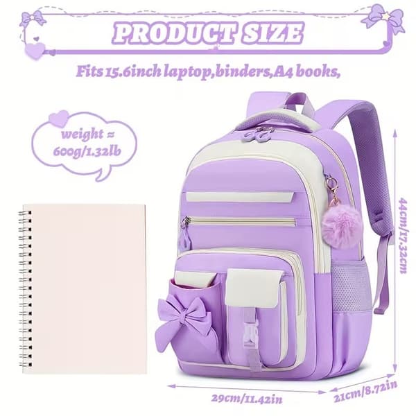[RM]3-Piece Backpack Set for Women with Bow, 15.6 Inch Laptop Backpack, Spacious School Bag with Pockets Purple