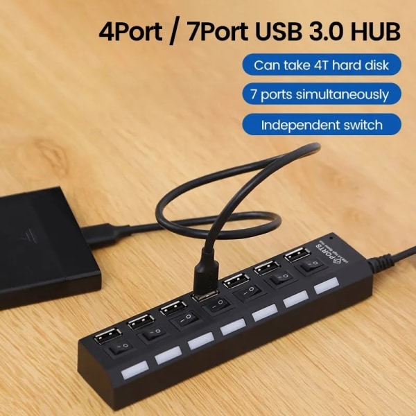 USB 2.0 Hub Multi USB Splitter Portar Hub Använd Strömadapter 7 Portar Multipl Expander Hub White