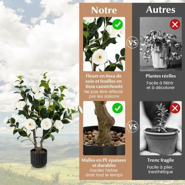 [RM]Artificial Camellias - COSTWAY - 2-pack - White - Indoor - 95 cm Vit + grön + svart