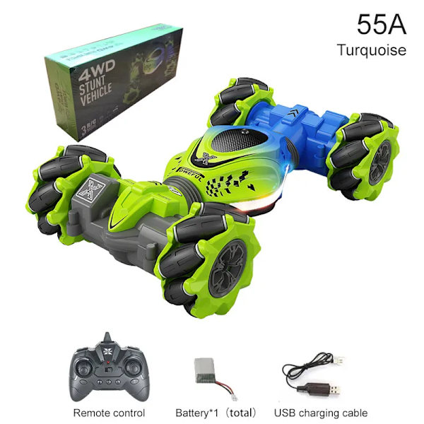 4WD RC Bil Leksak 2.4G Radio Fjärrkontroll Bilar RC Klocka Gest Sensor Rotation Twist Stunt Drift Fordonsleksak för Barn Green ONE RC 1B