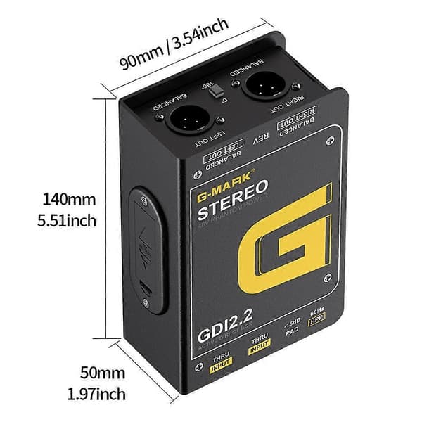 G-MARK Direct Box DI2.2 DI Direct Box Tvåkanals Passiv Direct Box för Keyboard, Akustisk och Elektrisk Gitarr Studio Audio Black