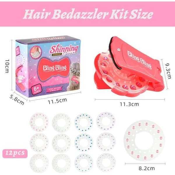 Hårbedazzler-sett med 180 hårperler, glitrende perlemaskin, hårstempel, for jenter og barn