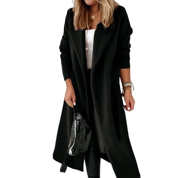 [RM] Women's Coat with Lapel Collar, Open Front, Belt, and Long Jacket Black black L