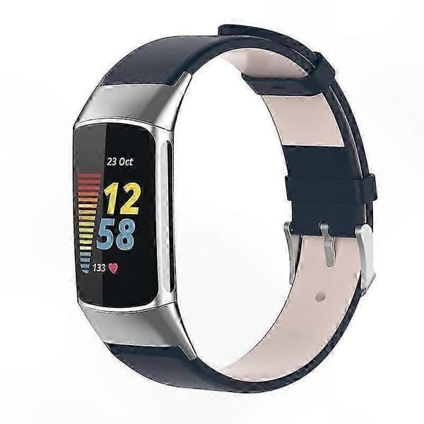 Justerbar læder smart urrem med metalspænde til Fitbit Charge 5 6 håndledsrem Dark blue Dark Blue