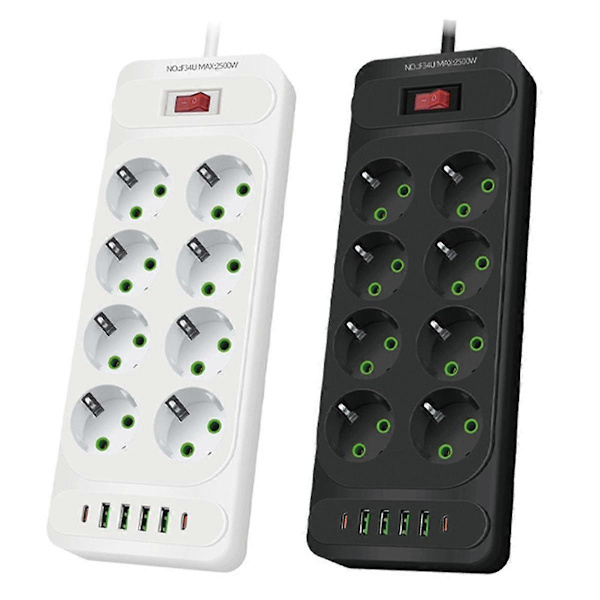 [RM] 8-Hole EU Plug AC Socket Multi Tower Power Strip 2M Extension Cable Power Outlet Smart USB Socket with Switch Black