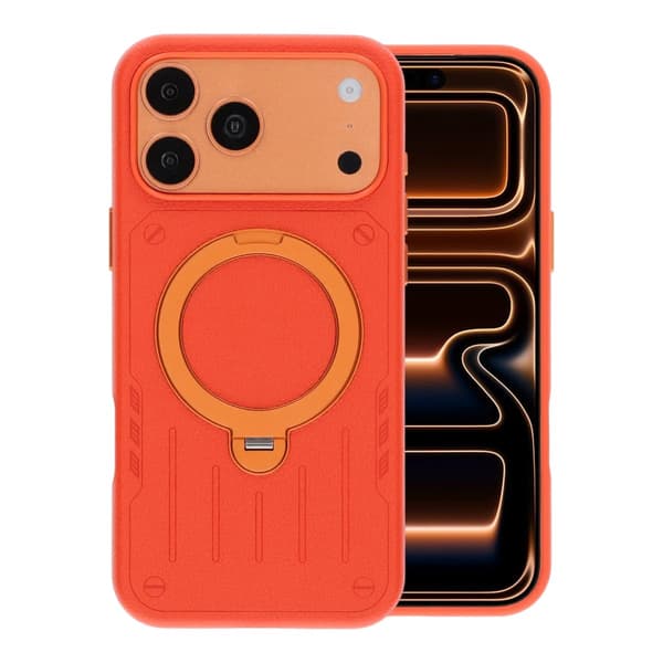 Mobilcover i Mecha-stil med Roterbart Stativ til iPhone 17 Pro Max og 18 Pro Max - Orange PU Leather