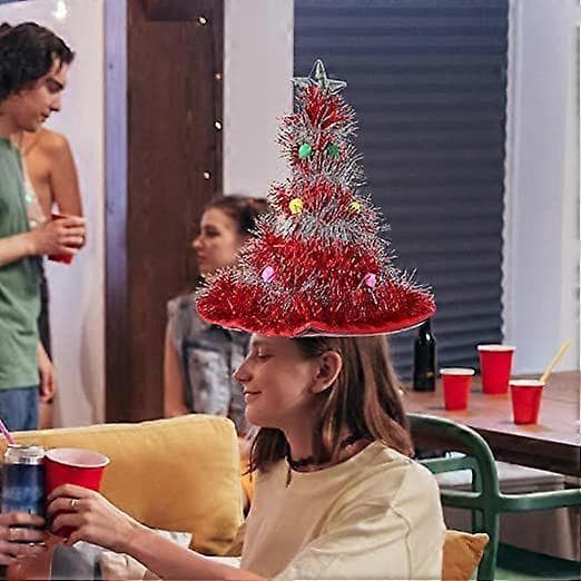 Juleglimmerhat med LED-lys Juletræsformede farverige pomponer Ferietema Hat