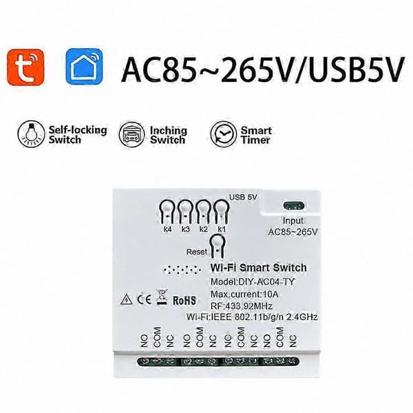 4CH Tuya WiFi Smart Switch Modul, DIY Timer, 85-265V, Virker med Alexa Google Home IFTTT Smart Life White