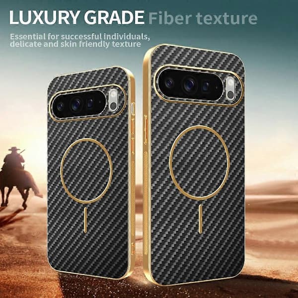 [RM] Kompatibelt etui til Google Pixel 10 Pro med kulfiber-tekstur og galvaniseret TPU-bagside Musta