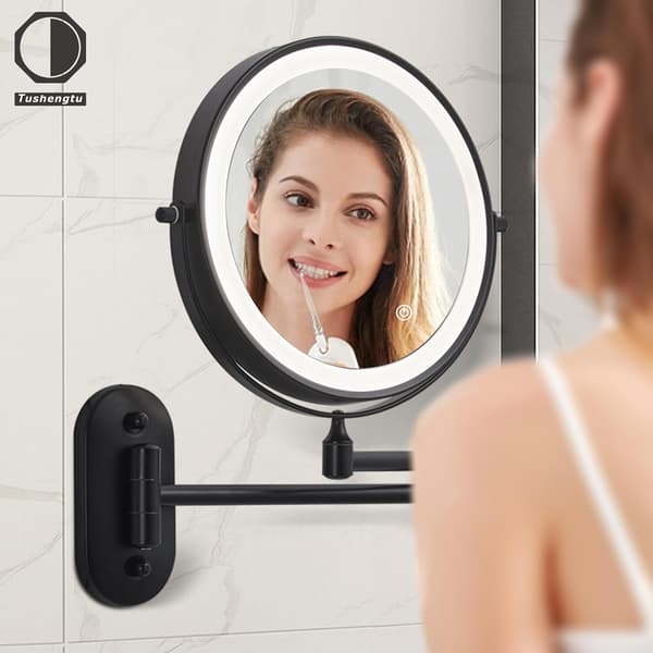 [RM]8\" Magnifying Mirror with Light LED-illuminated Wall-mounted 10X Magnification for Hotel Dressing Table, Bathroom USB Rechargeable, Black-10X