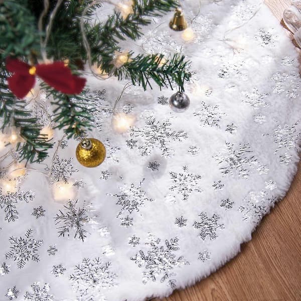 Julgransmatta 90 cm, stor silver snöflinga julgransfot, julgransmatta för julgran